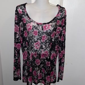 Black and Pink Floral Lace Stretch Blouse 1X